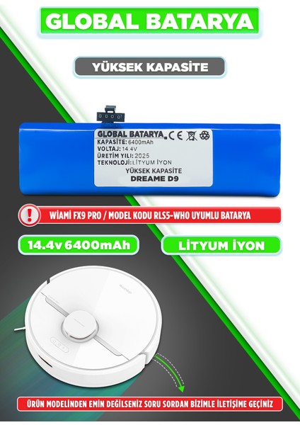 Dreame D9 Uyumlu Akıllı Robot Süpürge Bataryası 14.4V 6400MAH Li-ion Pil (Yüksek Kapasite)