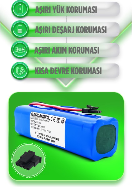 Dreame D9 Uyumlu Akıllı Robot Süpürge Bataryası 14.4V 6400MAH Li-ion Pil (Yüksek Kapasite)