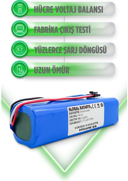 Dreame D9 Uyumlu Akıllı Robot Süpürge Bataryası 14.4V 6400MAH Li-ion Pil (Yüksek Kapasite)