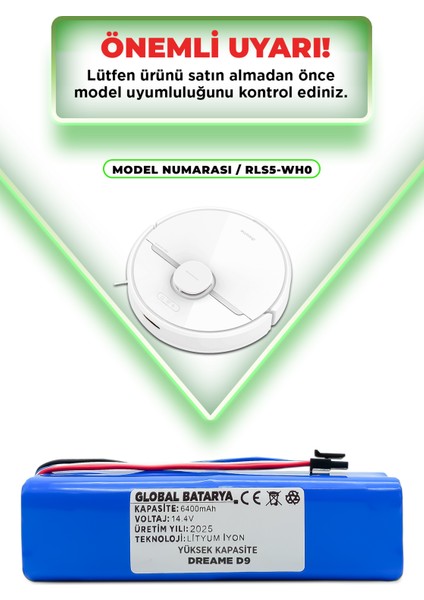 Dreame D9 Uyumlu Akıllı Robot Süpürge Bataryası 14.4V 6400MAH Li-ion Pil (Yüksek Kapasite)