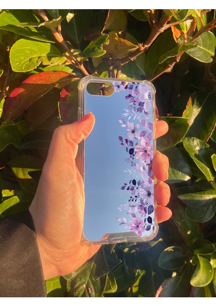 Apple iPhone 8 Uyumlu Aynalı Mor Desenli Darbe Kamera Korumalı Silikon Telefon Kılıfı