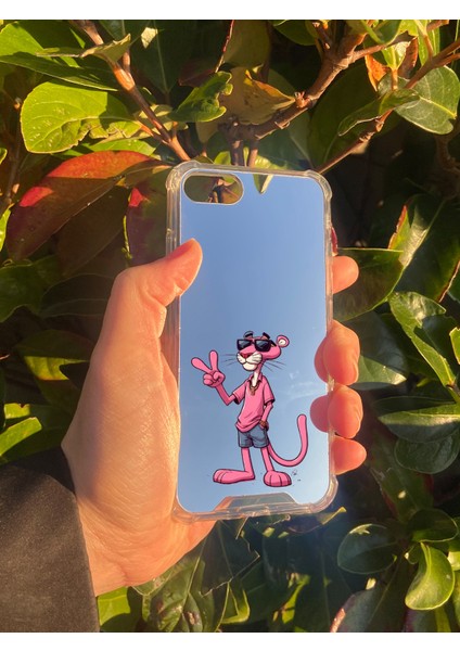 Apple iPhone 8 Uyumlu Aynalı Pembe Panter Desenli Darbe Kamera Korumalı Silikon Telefon Kılıfı