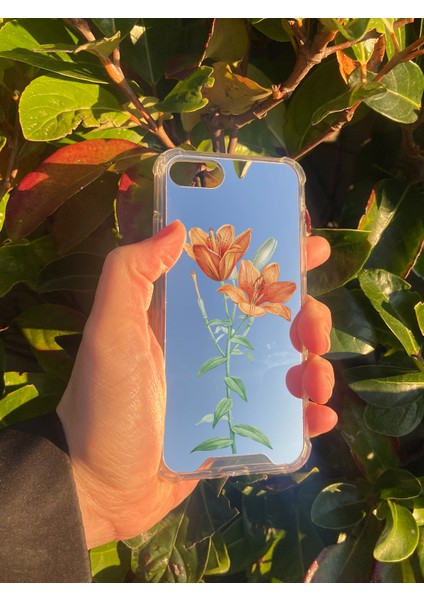 Apple iPhone 8 Uyumlu Aynalı Turuncu Çiçek Desenli Darbe Kamera Korumalı Silikon Telefon Kılıfı