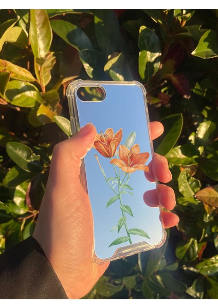 Apple iPhone 8 Uyumlu Aynalı Turuncu Çiçek Desenli Darbe Kamera Korumalı Silikon Telefon Kılıfı modelleri