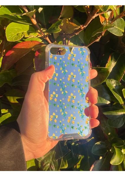 Apple iPhone 8 Uyumlu Aynalı Sarı Çiçek Desenli Darbe Kamera Korumalı Silikon Telefon Kılıfı