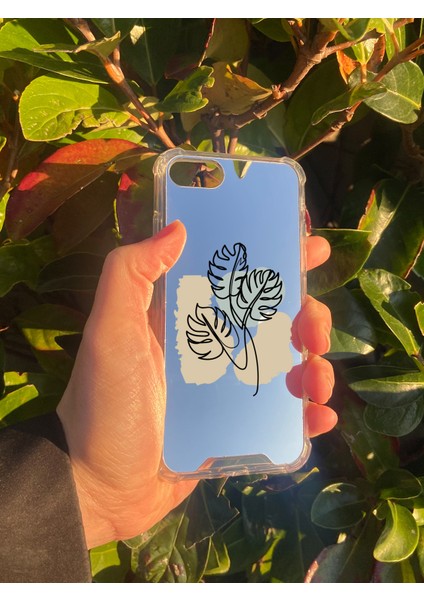 Apple iPhone Se 2022 Uyumlu Aynalı Monstera Desenli Darbe Kamera Korumalı Silikon Telefon Kılıfı