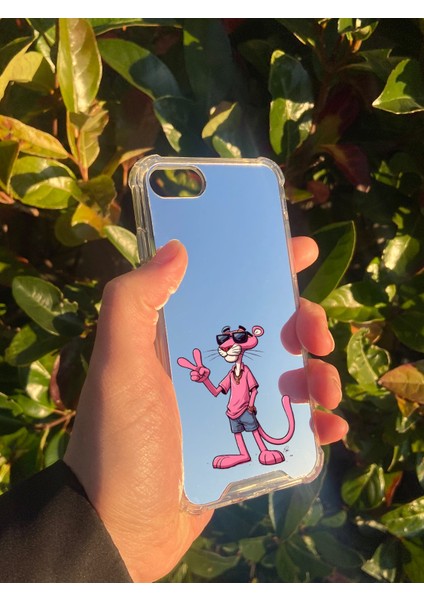 Apple iPhone Se 2022 Uyumlu Aynalı Pembe Panter Desenli Darbe Kamera Korumalı Silikon Telefon Kılıfı