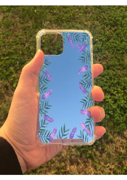 Apple iPhone 11 Pro Uyumlu Aynalı Lavanta Desenli Darbe Kamera Korumalı Silikon Telefon Kılıfı