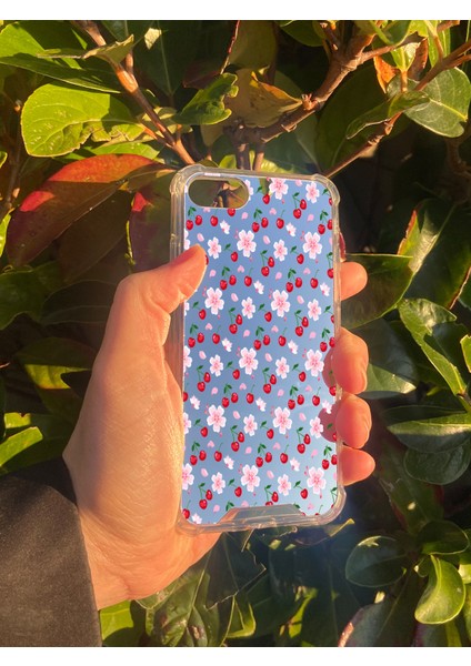Apple iPhone 8 Uyumlu Aynalı Kiraz Desenli Darbe Kamera Korumalı Silikon Telefon Kılıfı