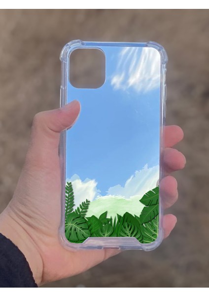 Apple iPhone 11 Uyumlu Aynalı Yaprak Desenli Darbe Kamera Korumalı Silikon Telefon Kılıfı