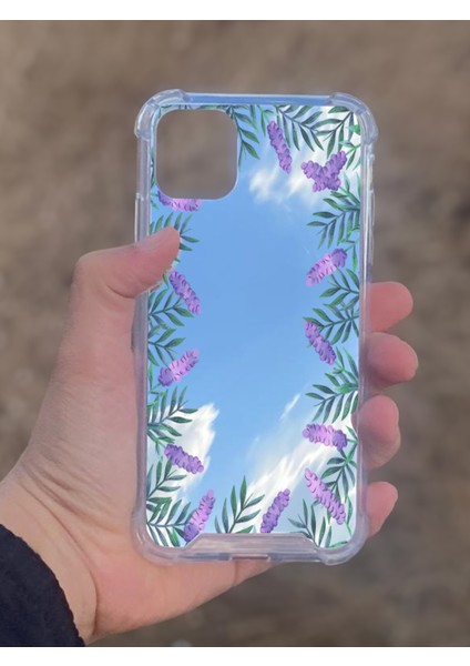 Apple iPhone 11 Uyumlu Aynalı Lavanta Desenli Darbe Kamera Korumalı Silikon Telefon Kılıfı