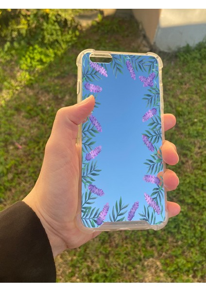 Apple iPhone 6 Plus Uyumlu Aynalı Lavanta Desenli Darbe Kamera Korumalı Silikon Telefon Kılıfı