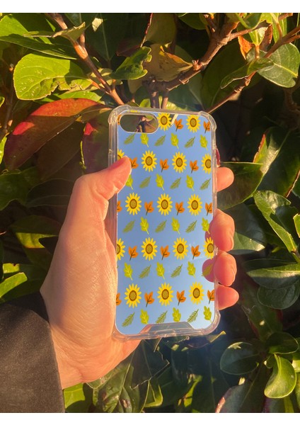 Apple iPhone 8 Uyumlu Aynalı Ay Çiçeği Desenli Darbe Kamera Korumalı Silikon Telefon Kılıfı