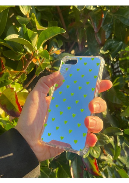 Apple iPhone 7 Uyumlu Aynalı Yeşil Kalp Desenli Darbe Kamera Korumalı Silikon Telefon Kılıfı fiyatları