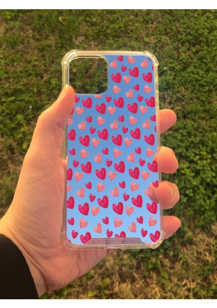 Apple iPhone 11 Pro Uyumlu Aynalı Pembe Kalp Desenli Darbe Kamera Korumalı Silikon Telefon Kılıfı