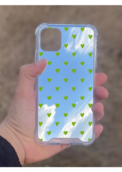 Apple iPhone 11 Uyumlu Aynalı Yeşil Kalp Desenli Darbe Kamera Korumalı Silikon Telefon Kılıfı