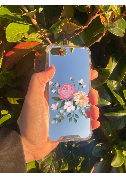 Apple iPhone 7 Uyumlu Aynalı Pembe Çiçek Desenli Darbe Kamera Korumalı Silikon Telefon Kılıfı