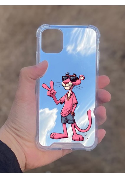 Apple iPhone 11 Uyumlu Aynalı Pembe Panter Desenli Darbe Kamera Korumalı Silikon Telefon Kılıfı