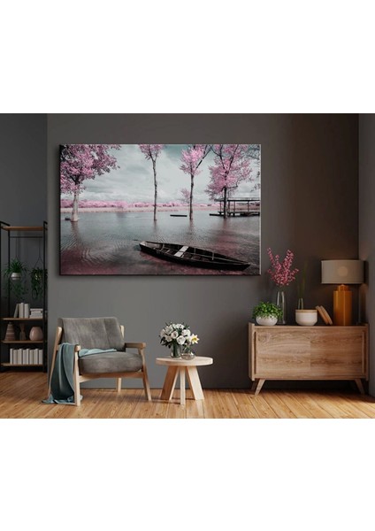 Dekoratif Pembe Çiçekli Gölde Kayık Kanvas Tablo