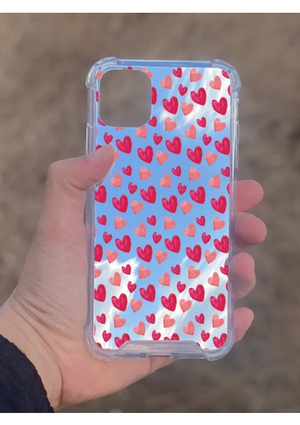 Apple iPhone 11 Uyumlu Aynalı Pembe Kalp Desenli Darbe Kamera Korumalı Silikon Telefon Kılıfı