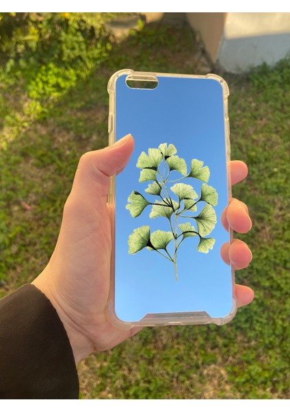 Apple iPhone 6 Plus Uyumlu Aynalı Ginkgo Desenli Darbe Kamera Korumalı Silikon Telefon Kılıfı