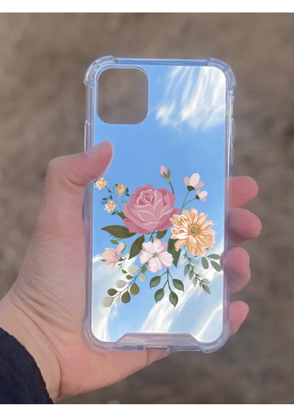 Apple iPhone 11 Uyumlu Aynalı Pembe Gül Desenli Darbe Kamera Korumalı Silikon Telefon Kılıfı