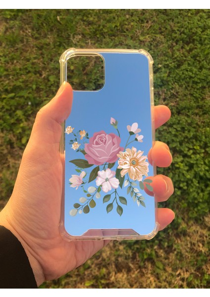 Apple iPhone 11 Pro Uyumlu Aynalı Pembe Gül Desenli Darbe Kamera Korumalı Silikon Telefon Kılıfı