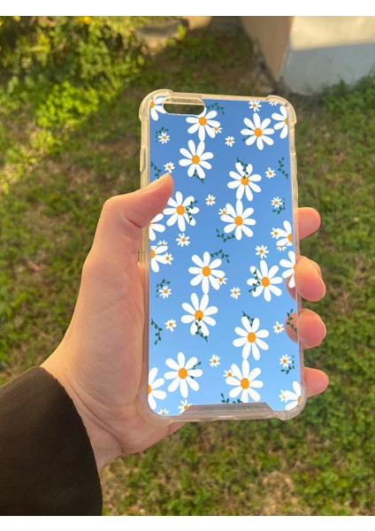 Apple iPhone 6s Plus Uyumlu Aynalı Papatya Desenli Darbe Kamera Korumalı Silikon Telefon Kılıfı