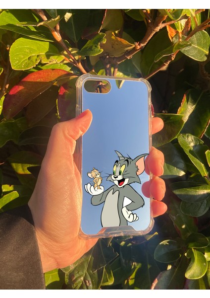 Apple iPhone Se Uyumlu Aynalı Tom ve Jerry Desenli Darbe Kamera Korumalı Silikon Telefon Kılıfı