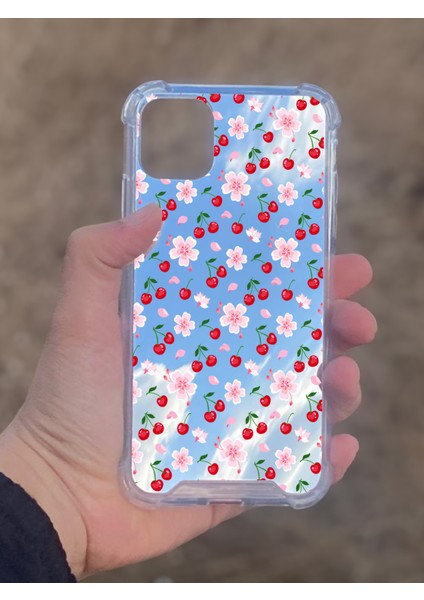 Apple iPhone 11 Uyumlu Aynalı Kiraz Desenli Darbe Kamera Korumalı Silikon Telefon Kılıfı