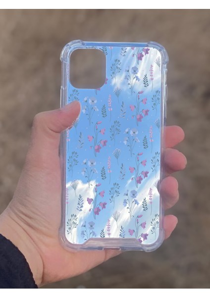 Apple iPhone 11 Uyumlu Aynalı Mor Çiçek Desenli Darbe Kamera Korumalı Silikon Telefon Kılıfı