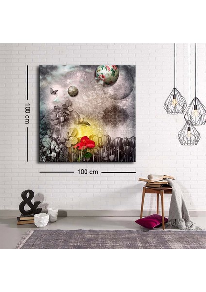 Dekoratif Baskı Illüstrasyon Kırmızı Çiçek Kare Kanvas Tablo