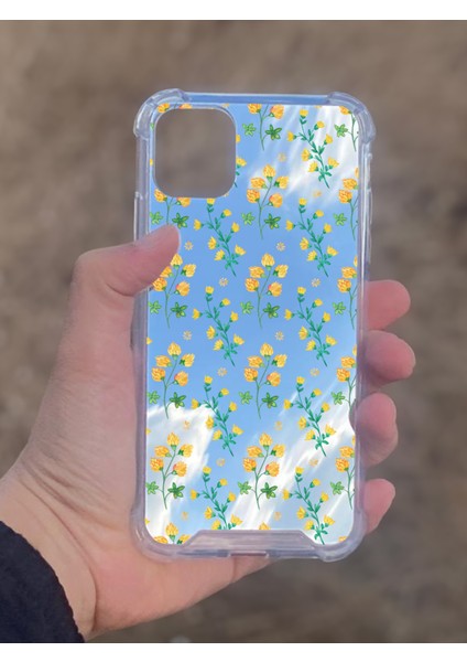 Apple iPhone 11 Uyumlu Aynalı Sarı Çiçek Desenli Darbe Kamera Korumalı Silikon Telefon Kılıfı