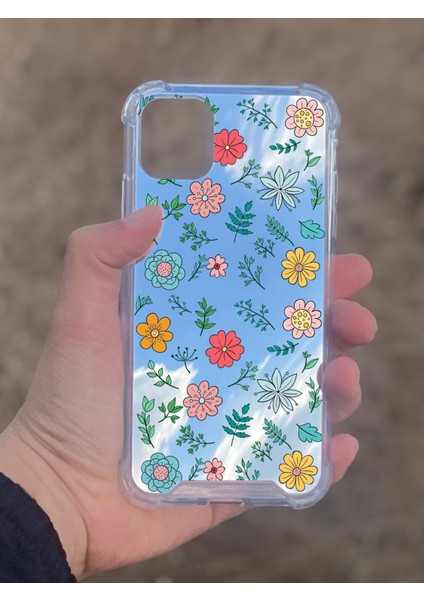 Apple iPhone 11 Uyumlu Aynalı Çiçekler Desenli Darbe Kamera Korumalı Silikon Telefon Kılıfı