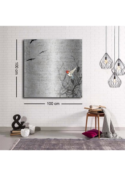 Dekoratif Baskı Illüstrasyon Kuş ve Şiir Kare Kanvas Tablo