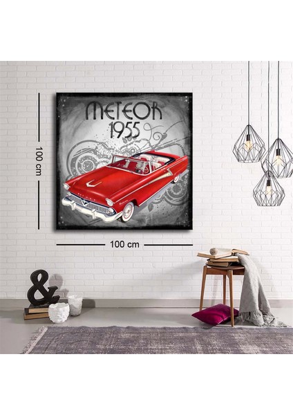 Dekoratif Baskı Illüstrasyon Retro Red Car 1955 2 Kare Kanvas Tablo