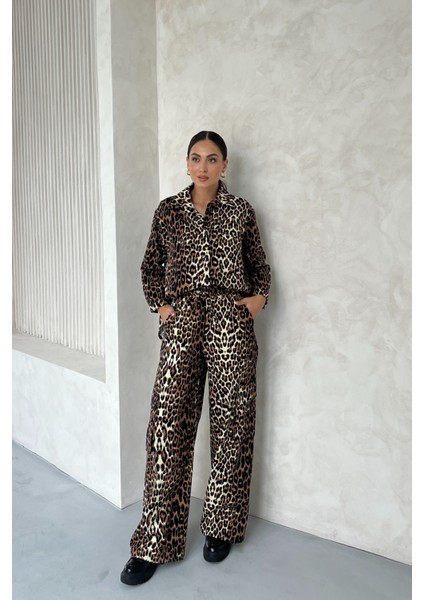 Leopar Desenli Gabardin Gömlek Pantolon Ikili Takım
