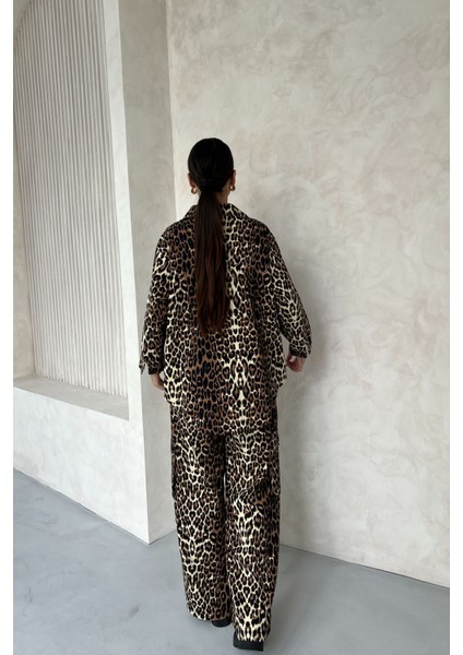 Leopar Desenli Gabardin Gömlek Pantolon Ikili Takım indirimleri