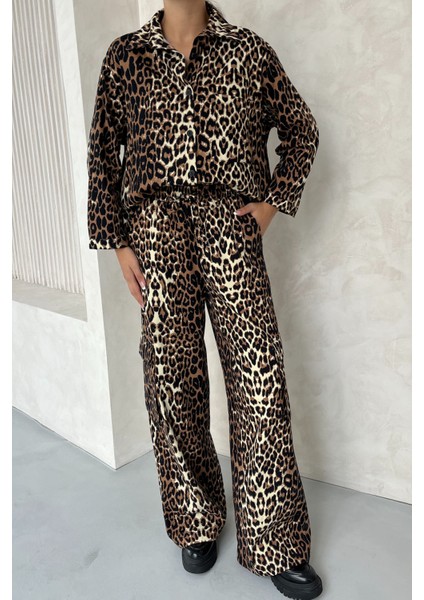 Leopar Desenli Gabardin Gömlek Pantolon Ikili Takım