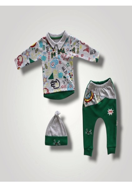 6-9 12-18 18-24 Ay Power Kedi Nakışlı Uzun Kollu Sweat Şapkalı 3lü Kız Erkek Bebek Takımı
