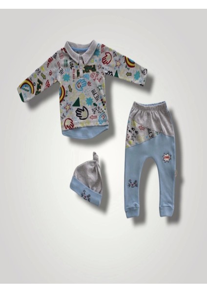 6-9 12-18 18-24 Ay Power Kedi Nakışlı Uzun Kollu Sweat Şapkalı 3lü Kız Erkek Bebek Takımı