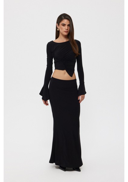 Siyah Büzgülü Bluz Etekli Ikili Takım