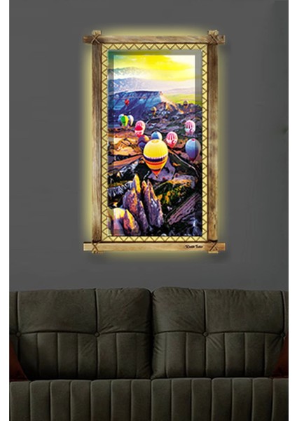 Kapadokya Uçan Balon LED Işıklı Rustik Kanvas Tablo B