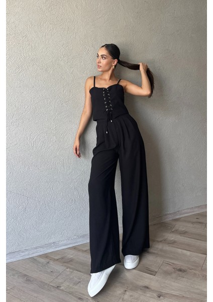 Siyah Ince Askılı Ip Bağlama Detaylı Crop Pantolon Takım