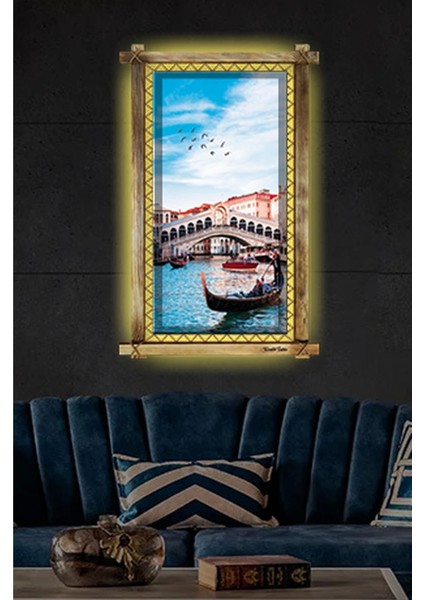 Venedik Kayık LED Işıklı Rustik Kanvas Tablo B