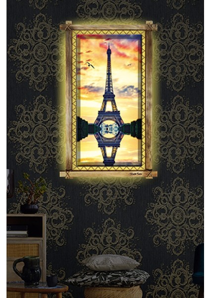 Eyfel Kulesi LED Işıklı Rustik Kanvas Tablo O