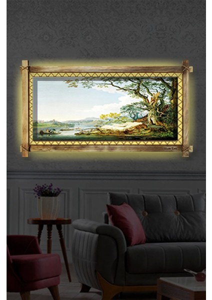 Nehir Orman LED Işıklı Rustik Kanvas Tablo B