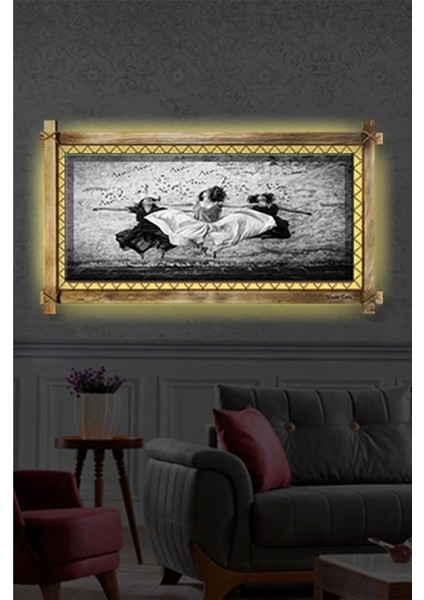 Dans Eden Kızlar LED Işıklı Rustik Kanvas Tablo B