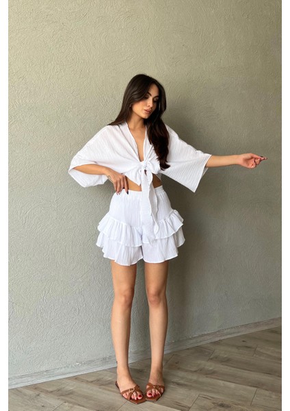 Beyaz Mikonos Crop Fırfırlı Etek Takım