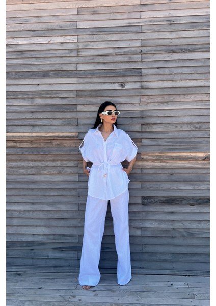 Beyaz Belden Bağlama Detaylı Keten Takım